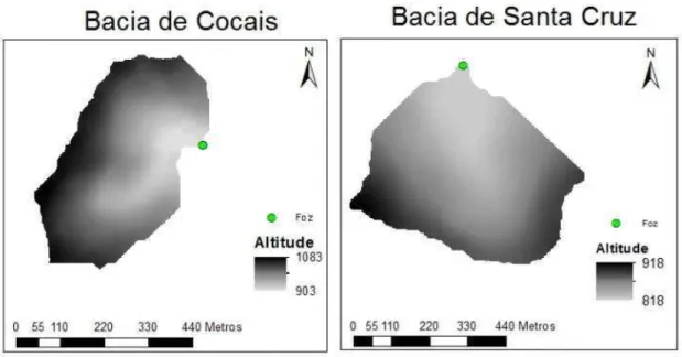 Figura 6 - Modelo digital de elevação das bacias de Cocais (MCE) e Santa Cruz (MPD). Projeção Datum  SAD69, UTM – Zona βγS 