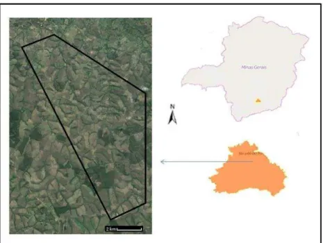 Figura  1.  Localização  do  município  de  São  João  del  Rei  em  Minas  Gerais  e  a  localização  da  área  de  estudo  dentro  do  município  (Fonte:  IBGE  e  Google  Earth  com  modificações)