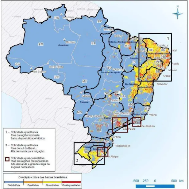 Figura 2.1  – Situação das bacias hidrográficas brasileiras segundo os aspectos  de quantidade e qualidade da água dos rios
