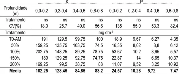 Tabela  4.4  –  Análise  de  variância  e  média  dos  teores  de  potássio  e  fósforo  disponíveis  no  perfil  do  solo,  após  o  cultivo  do  milho  submetido  aos tratamentos de doses e fontes de potássio