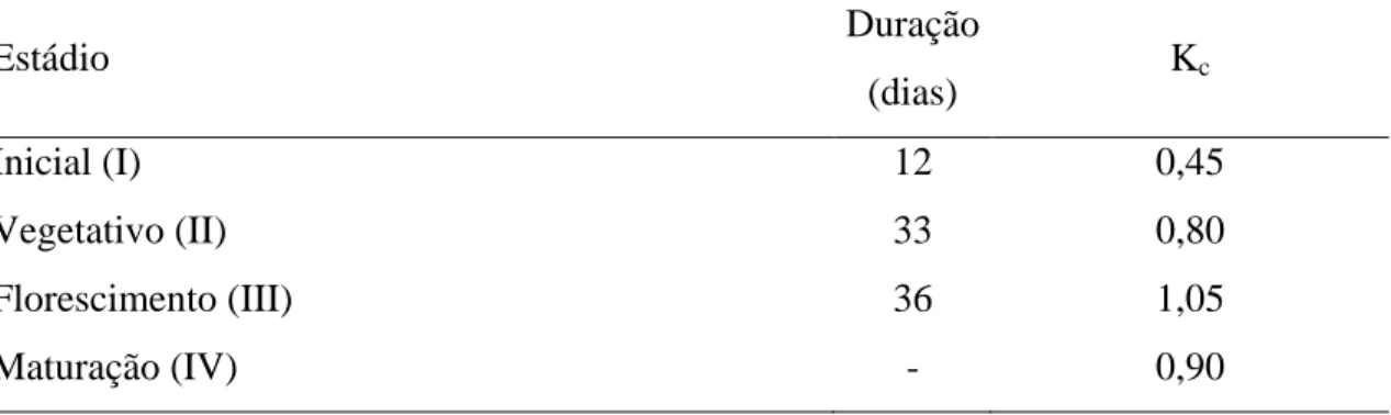 Tabela 3  – Duração em dias e valores de K c para os quatro estádios de desenvolvimento  da cultura da couve-flor  Estádio  Duração  (dias)    Kc  Inicial (I)  12  0,45  Vegetativo (II)  33  0,80  Florescimento (III)  36  1,05  Maturação (IV)  -  0,90 