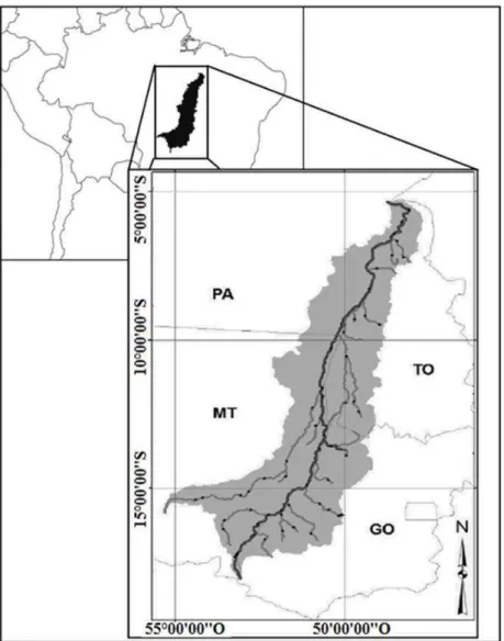 Figura 2: Localização da bacia do rio Araguaia (   ), rio Araguaia (   ), principais afluentes    