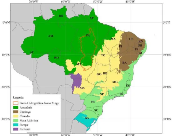 Figura  1  -  Localização  geográfica  da  bacia  hidrográfica  do  rio  Xingu.  Destaca-se  ainda  na  figura  a  distribuição dos biomas brasileiros