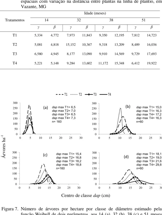 Tabela 4. Parâmetros de forma ( ) e escala ( ) ajustados para a função Weibull,  aos  14, 32, 38 e 51 meses após o plantio do clone 58 de eucalipto, em arranjos  espaciais  com  variação  na  distância  entre  plantas  na  linha  de  plantio,  em  Vazante,