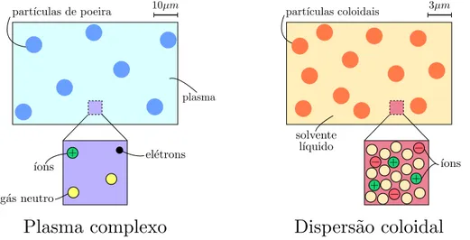 Figura 6: Ilustra¸c˜ao esquem´atica mostrando algumas diferen¸cas entre plasmas complexos e dispers˜oes coloidais