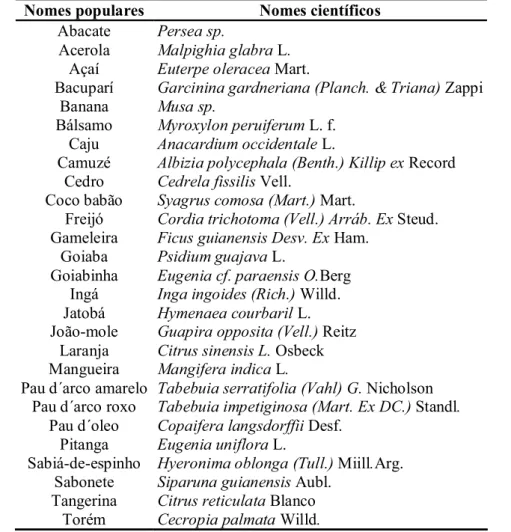 TABELA 6: Nome popular e científico das espécies vegetais encontradas no experimento  sombreando o café (Coffea arabica L.) ecológico em Mulungu – CE, 2009