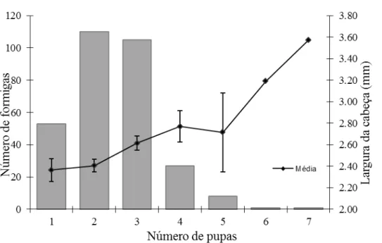 Figura  3.  Correlação  entre  o  número  de  pupas  de  Apocephalus  attophilus  e  a 