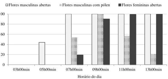 Figura 2 – Antese das flores masculinas e femininas, e disponibilidade de pólen nas flores masculinas, em  plantio comercial de pinhão-manso (Jatropha curcas L.)