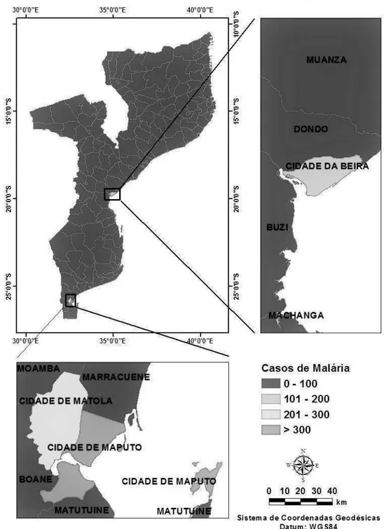 Figura  3:  Mapa  de  distribuição  da  variável  malária  em  quatro  classes  distintas nos 146 distritos de Moçambique
