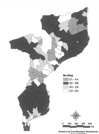 Figura 5: BoxMap da variável malária representando cada distrito conforme sua  posição  em  relação  aos  quadrantes  (Q1,Q2,Q3  e  Q4)  no  gráfico  de  dispersão  de  Moran,  identificados  por  uma  cor  correspondente  no  mapa gerado