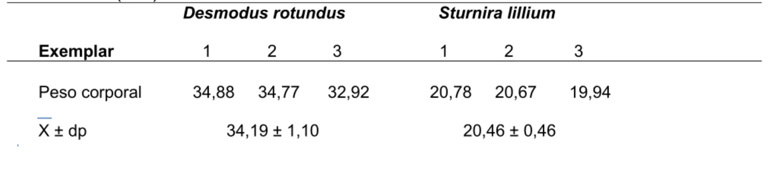 Tabela 1: Peso corporal, em g, de morcegos machos adultos D. rotundus (n=3)   e S. lilium (n=3)