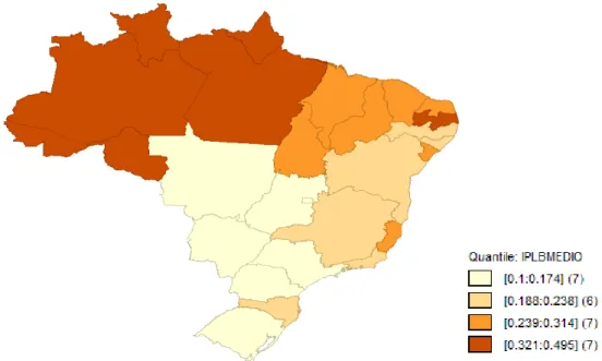 Figura 2.5: Disposição geográfica por quantis do IPLB médio dos estados brasileiros. 