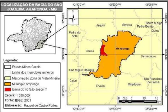 Figura 1  – Localização do município de Araponga-MG e da Bacia do rio São Joaquim  (Fonte: Portes, 2010)