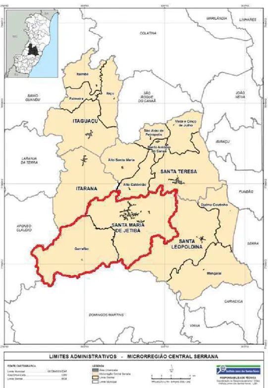 Figura 1 – Mapa da Microrregião Central Serrana do Espírito Santo com destaque para  a localização do Município de Santa Maria de Jetibá (Fonte: IJSN, 2013)