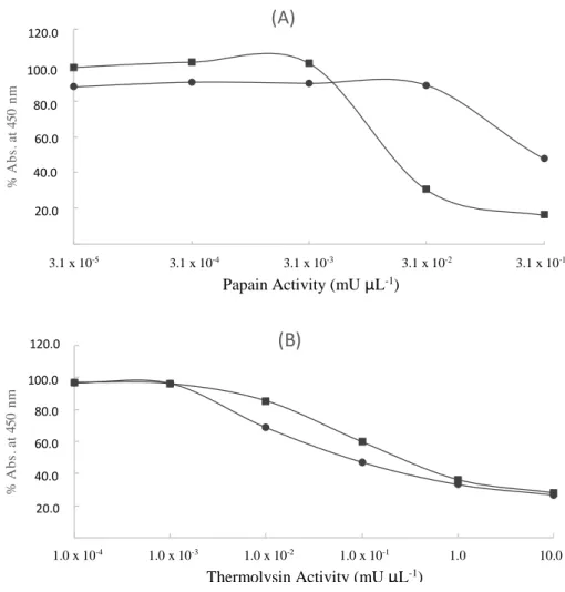 Figure 1  – Interference of casein in protease detection by microplate assay. Papain  (A) and thermolysin (B) were serially diluted in buffer (squares) and supernatant  (circles)