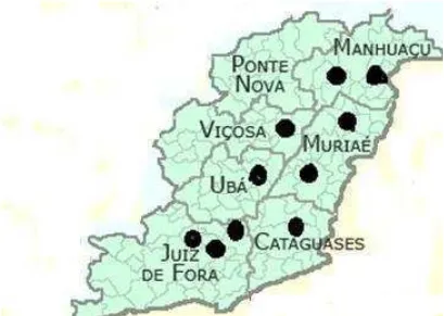 Figura  1-Mapa  da  macrorregião  da  Zona  da  Mata  mineira,  os  pontos  representam as propriedades 