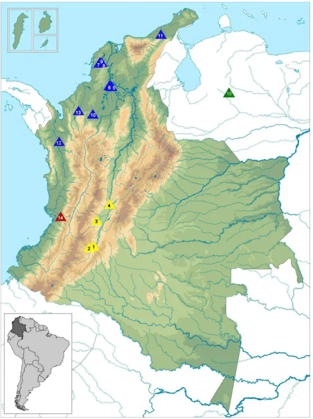 Figura 1. Mapa de localidades de colecta de Hoplias malabaricus en Colombia. 1. Quebrada La  Boa; 2
