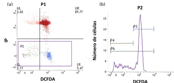 Figura  4:  (a)  Gráfico  de  pontos  (dot-plots)  gerado  pela  análise  por  citometria  de  fluxo,  em  amostra  corada  com  IP  e  DCFDA,  permitindo  a  classificação  de  espermatozoides  em  quatro  categorias:  LL,  células  com  membrana  plasmát