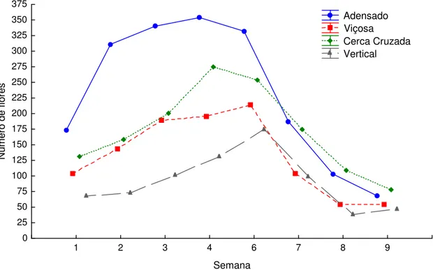 Figura  7.  Variação  do  número  total  de  flores  aptas  à  polinização,  por  parcela  e  por 