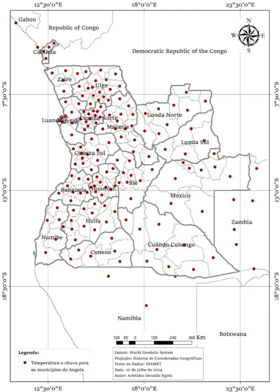 Figura  9.  Malha  de  pontos  de  temperatura  do  ar  e  precipitação  para  os  municípios  de  Angola e regiões limítrofes