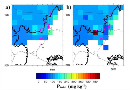 Figure  2.  P total   regional  dataset  in  mg  kg -1  (Quesada  et  al.,  2010)  (a),  PR  with  new 