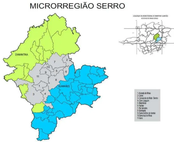 Figura 2  – Microrregião do Serro na cor cinza e as duas Unidades Regionais da EMATER-MG 