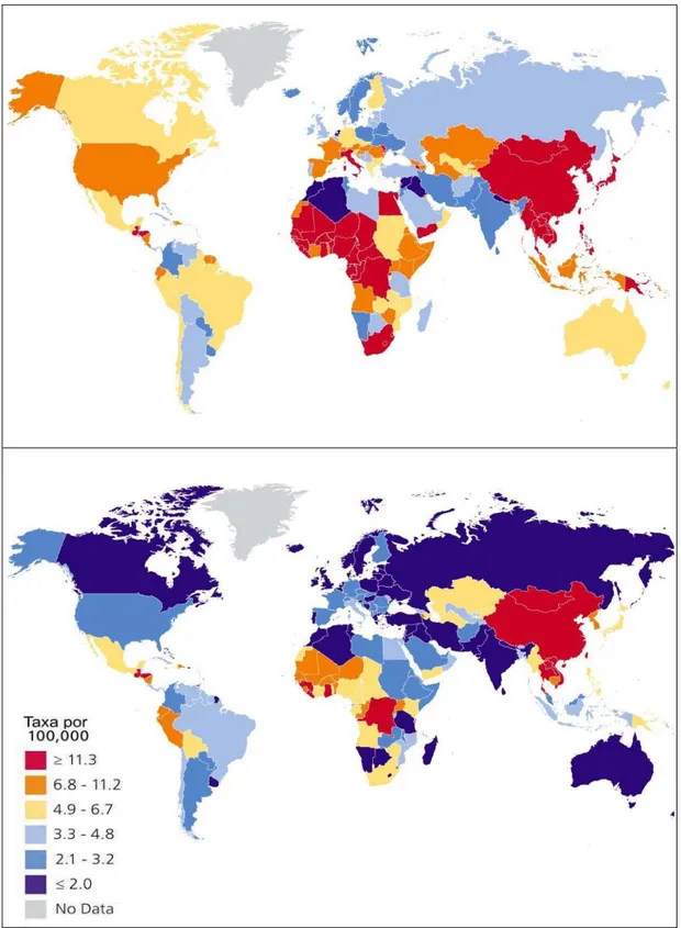 Figura 8 – Variações  das  taxas  de  mortalidade do carcinoma hepatocelular  em todo o mundo entre homems (gráfico superior) e entre  mulheres (inferior), reportadas em 100 mil pessoas  (WHO, 2011) 