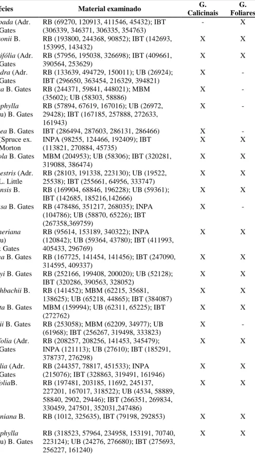 Tabela 1 – Espécies de Banisteriopsis ocorrentes no Brasil e números de registro dos materiais obtidos nos diferentes herbários do país
