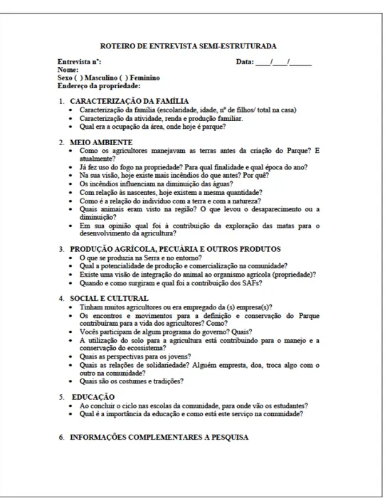 Figura 3.3. Roteiro da observação e entrevista semiestruturada realizada com as famílias  agricultoras nas comunidades de Araponga e Matipó