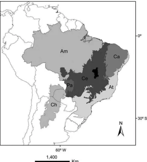 Figure  2.  Georeferenced  location  of  Cerrado  (Ce),  Chaco  (Ch),  and  Caatinga  SDTF 