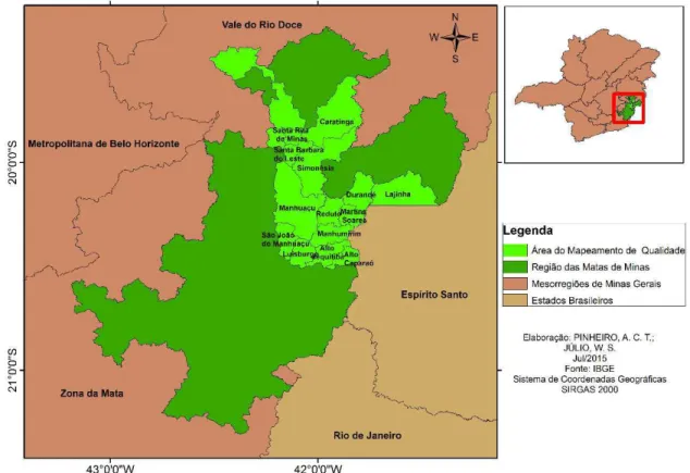 Figura 1. Localização da região das Matas de Minas e dos municípios usados no  estudo (área do mapeamento de qualidade)