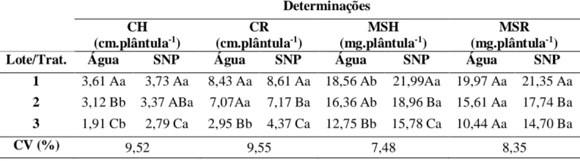 Tabela 2. Comprimento de hipocótilo (CH); comprimento de radícula (CR); massa seca de hipocótilo (MSH) e massa seca de radícula (MSR) dos  lotes 1, 2 e 3 de sementes de Pisum sativum embebidas em água (controle) ou em solução de SNP (50 µM)