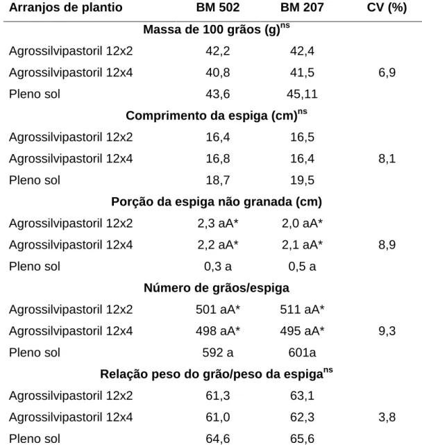 Tabela 8 – Massa  de  100  grãos,  comprimento  de  espiga,  porção  da  espiga  sem  grão,  número  de  grãos  por  espiga  e  relação  peso  do  grão/peso  da  espiga  de  híbridos  de  milho  aos  110  dias  após  a  semeadura (DAS), cultivados com capi