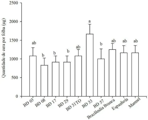 Figura  1.  Cera  epicuticular  (μg) de dez genótipos de batata-doce. Médias seguidas de  mesma letra não diferem pelo teste de Tukey (P&lt;0,05)