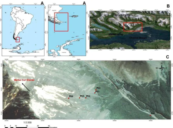 Figure  1.  Localization  of  studied  area:  A)  The  situation  of  Tierra  del  Fuego  in  South  America  and  Antarctica  Peninsula;  B)  Martial  Valley,  in  the  Darwin  Cordillera;  C)  Studied pedons in Martial Sur sector