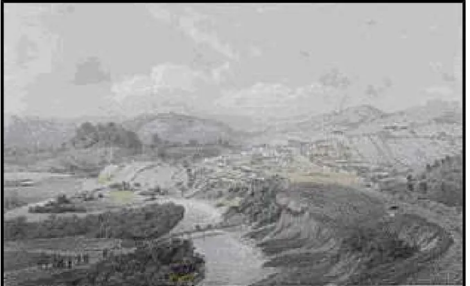 Figura 2. Vila de São Manuel do Gomba no século XIX. Mesmo naquela época já era intenso o desmatamento da região e a erosão ao longo do curso do rio Gomba, MG