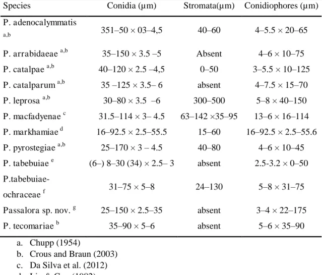 Table 2. Biometric data for Passalora species recorded on members of the 