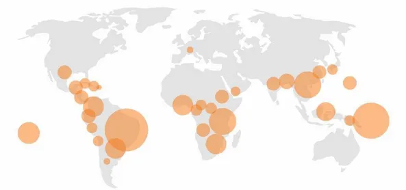 Figura 3. Distribuição da ferrugem alaranjada do cafeeiro causada por Hemileia vastatrix no  mundo, adaptado (Plantwise, 2014) 