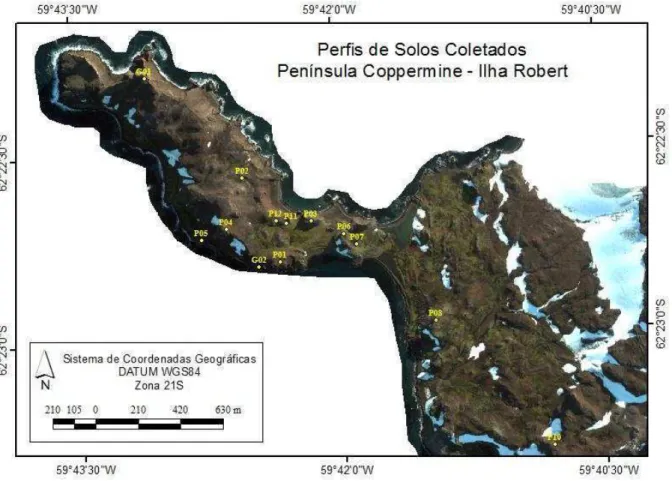 Figura 2. Localização geográfica dos 12 perfis de solos (P01  – P12) e duas amostras de material de 