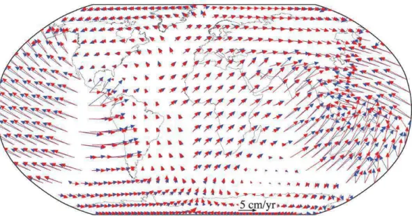 Figura  5:  Vetores  obtidos  a  partir  de  um  modelo  cinemático  utilizando  observações  GNSS (setas azuis), juntamente com as velocidades previstas a partir do MORVEL (setas  vermelhas)
