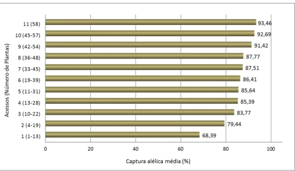 Figura 8.  Porcentagem média da captura alélica por número de acessos na coleção  ex situ da  palma Leucothrinax morrisii em relação a população original (adaptado de Namoff et al., 2010)