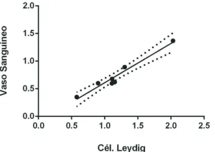 Figura  8.  Correlação  entre  a  proporção  volumétrica  das  células  de  Leydig  e  a  proporção volumétrica dos vasos sanguíneos