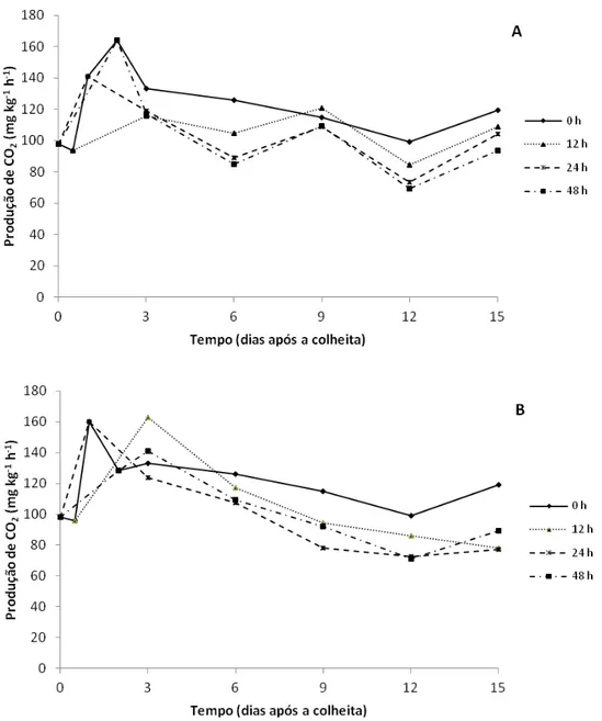 Figura 1 - Taxa respiratória de mangas ‘Ubá’ tratadas com carbureto de cálcio (A) e  etileno (B) durante 0, 12, 24 e 48 horas, em função dos dias após a colheita