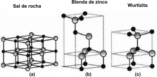 Figura 1.2- Estrutura cristalina do ZnO, esferas claras e escuras representam os átomos de Zn e O  respectivamente: (a)  sal de rocha, (b) blenda de zinco, (c) wurtizita