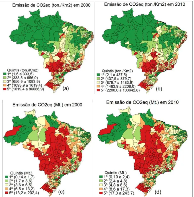 Figura 7.  Emissão  observada  de  CO 2 eq  das  microrregiões,  por  área  e  total,  nos  anos  2000 e 2010