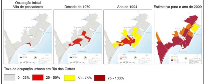 Figura 5 - Sequência de mapas do crescimento urbano do município de Rio das Ostras.  Fonte: Gomes (2010)