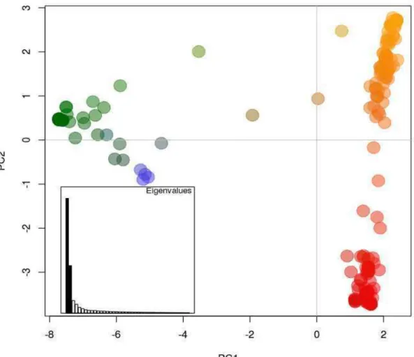 Figure 2. Scatter-plot of the phylotype distribution of Ralstonia solanacearum  isolates into four genetic subgroups (1) Phylotype I and III with green color, (2)  Phylotype IV with blue color, (3) Phylotype IIB with red color and (4) Phylotype 