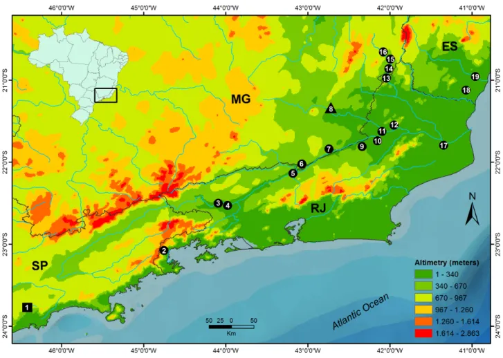 Figura 11: Mapa de distribuição de Mesoclemmys hogei: 1–Localidade tipo questionada  (“Rio Pequeno”); 2–Paraty; 3–Volta Redonda; 4–Pinheiral; 5–Três Rios; 6–Chiador; 7– Além  Paraíba;  8–Cataguases  (novo  registro);  9–Cantagalo;  10–Itaocara;  11–Aperibé