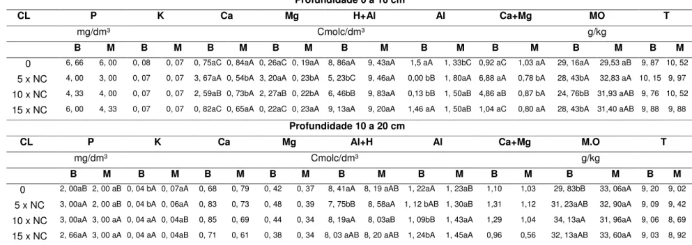 Tabela 3 – Atributos  químicos:  fósforo  (P),  cálcio  (Ca),  magnésio  (Mg),  hidrogênio  e  alumínio  (H+Al),  alumínio  (Al),  cálcio  e  magnésio (Ca+Mg), matéria orgânica (MO) e capacidade e troca catiônica (T) em amostras de solo nas profundidades  