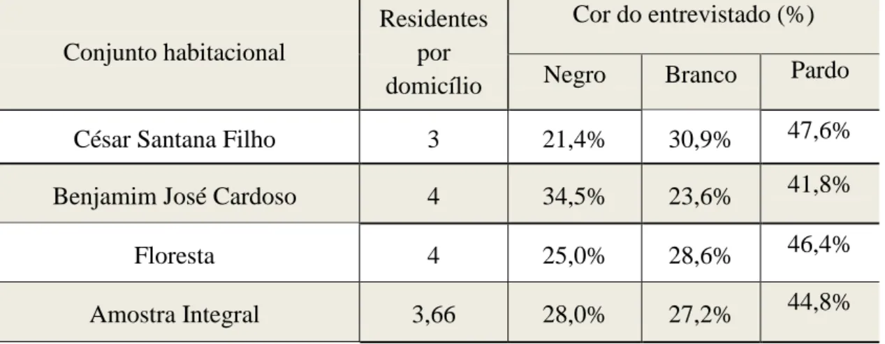 Tabela  4.  Número  de  residentes  por  domicílio  e  cor  dos  entrevistados  nos  conjuntos  habitacionais pesquisados